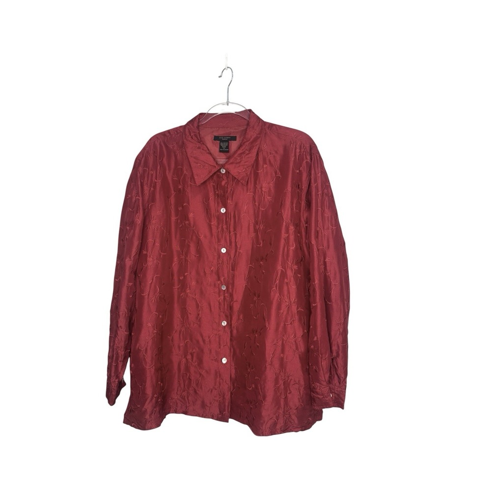 Anne Carson Women's Long Sleeve 100% Silk Embroidered Button Up Blouse 2X Red